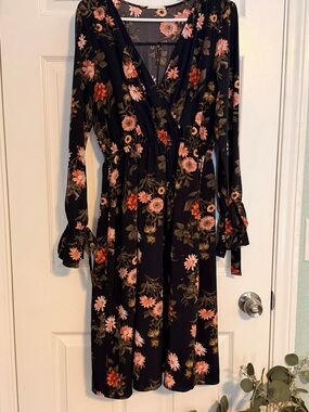 Soprano Black Midi Dress with Pink & Coral Floral Pattern